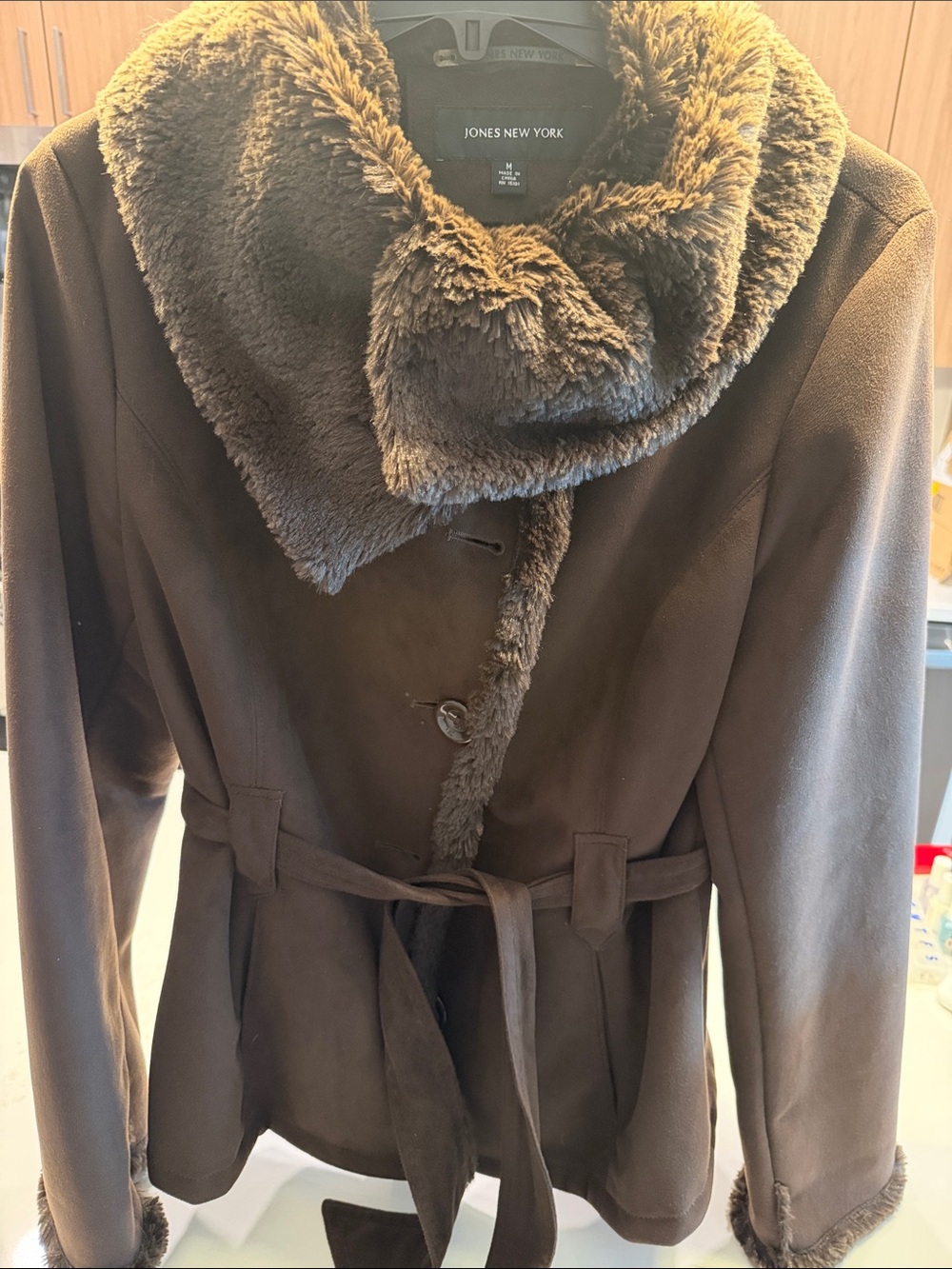 Jones New York Dark Brown Faux-Fur Trim Belted Trench Coat